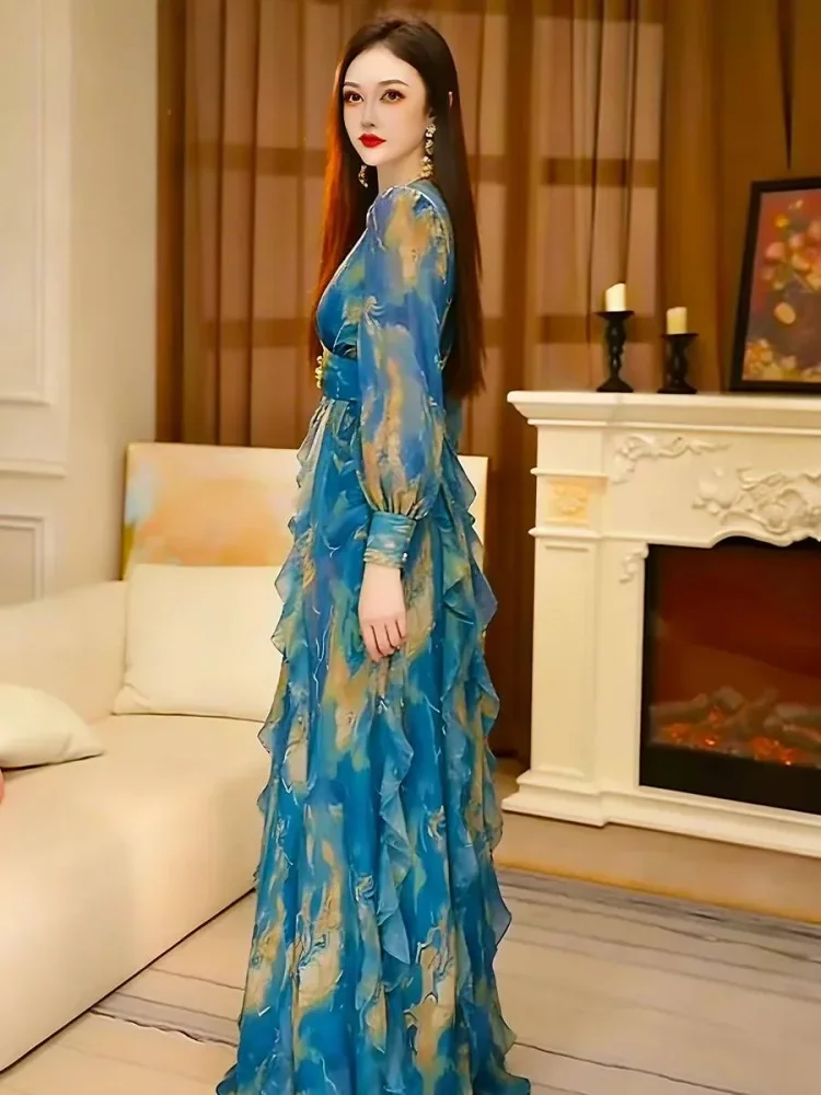 FADFAD Gaun dengan lengan panjang bermotif cetak gaya elegan baru untuk wanita