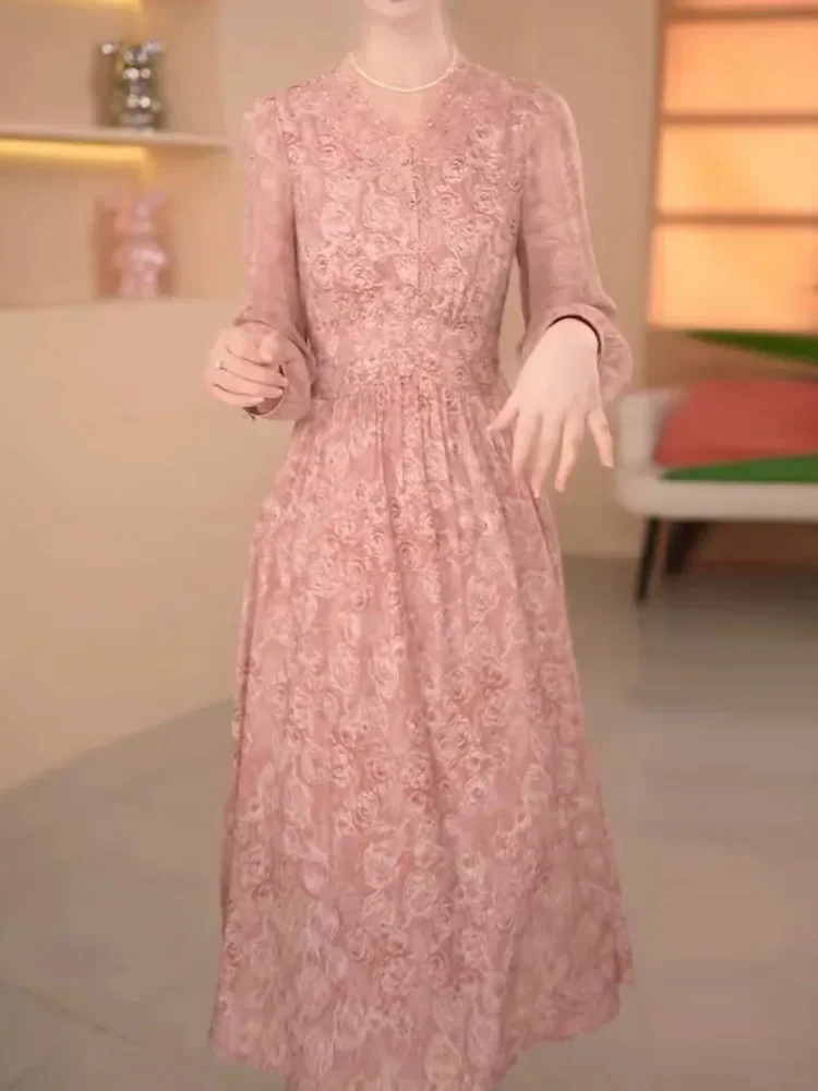 FADFAD Gaun elegan dengan kerah bulat lengan panjang untuk wanita
