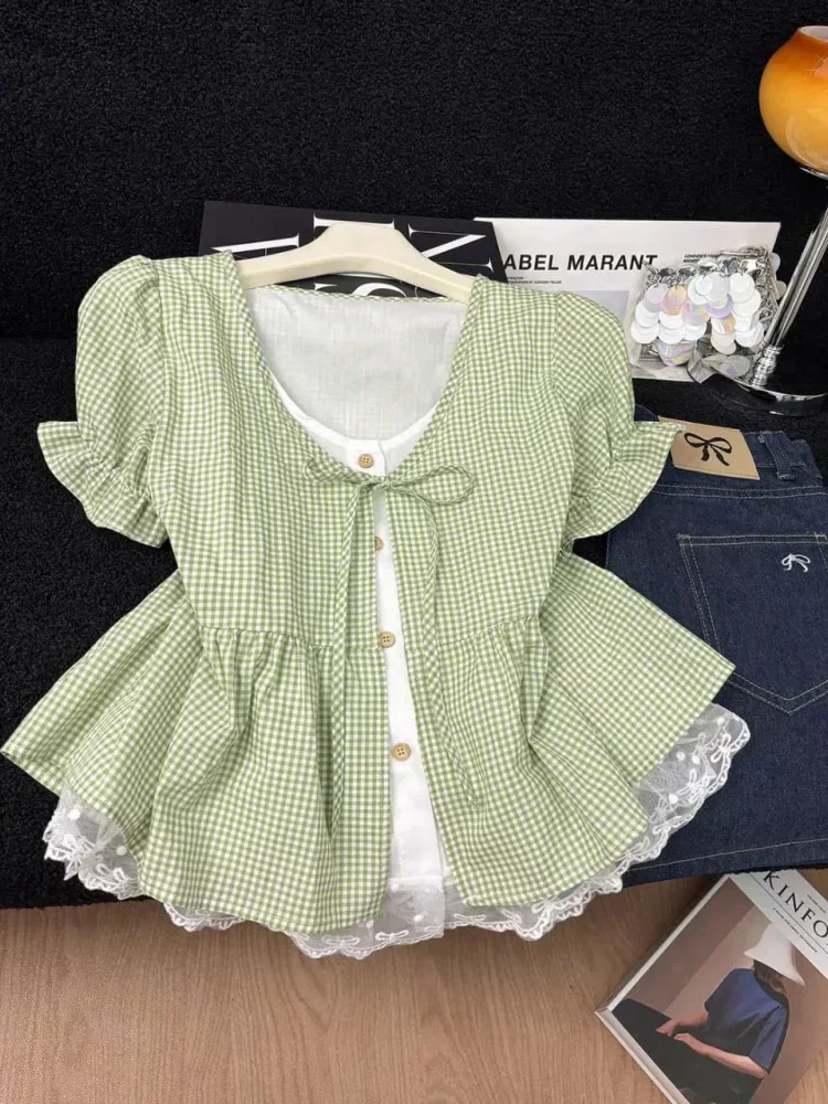 CHICMORE Atasan lengan pendek dengan kerah leher tie neck motif kotak kotak modis