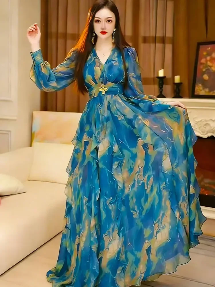 FADFAD Gaun dengan lengan panjang bermotif cetak gaya elegan baru untuk wanita