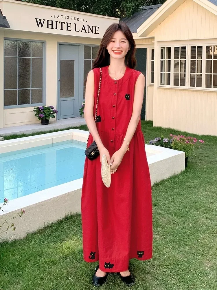 CHICMORE Gaun tanpa lengan berwarna merah warna merah modis