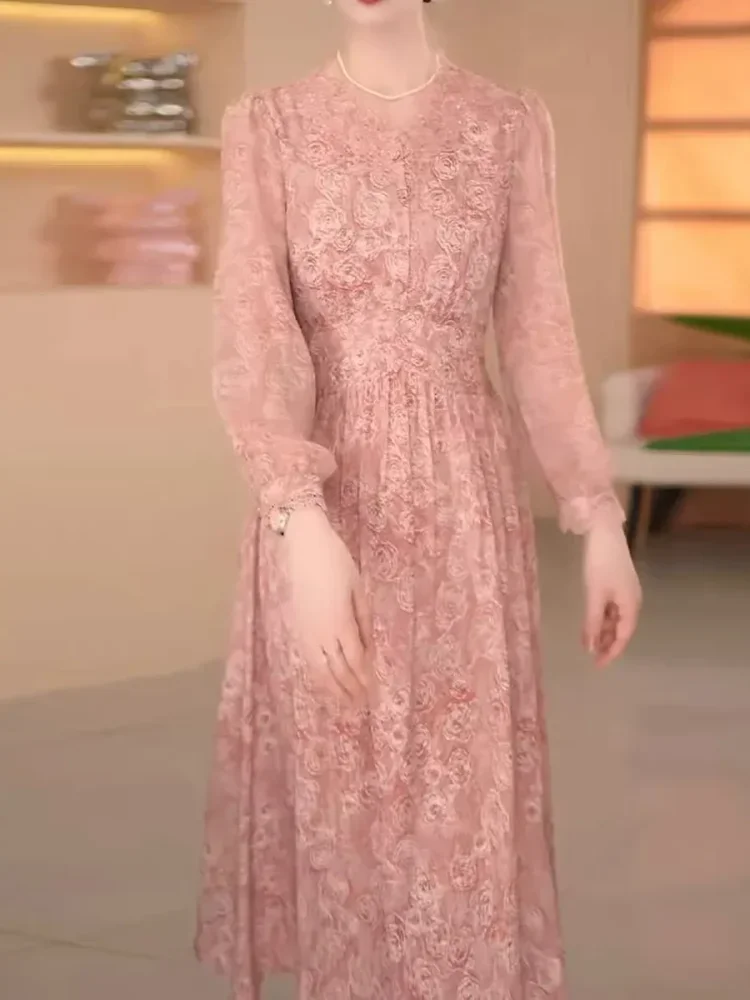 FADFAD Gaun elegan dengan kerah bulat lengan panjang untuk wanita