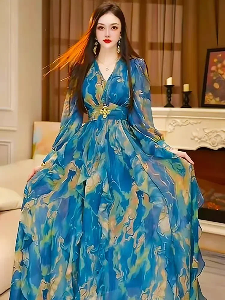 FADFAD Gaun dengan lengan panjang bermotif cetak gaya elegan baru untuk wanita