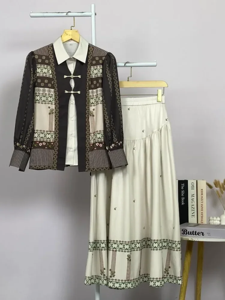 ASAYA Setelan wanita 2in1 blouse lengan panjang motif print kombinasi bunga + rok panjang highwaist elegan model kekinian