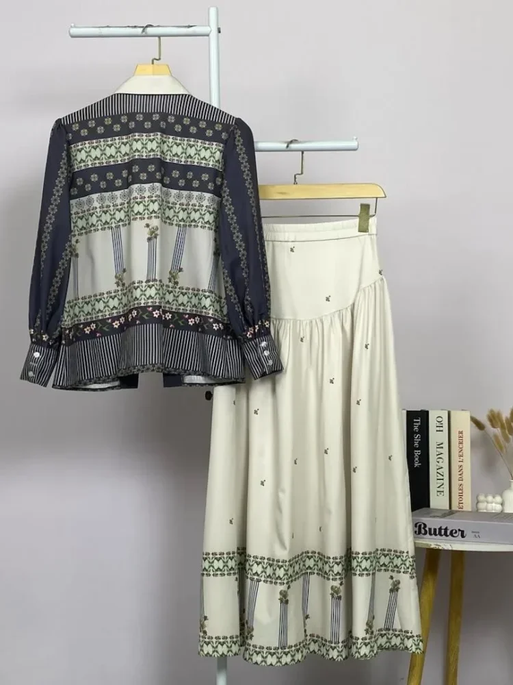 ASAYA Setelan wanita 2in1 blouse lengan panjang motif print kombinasi bunga + rok panjang highwaist elegan model kekinian
