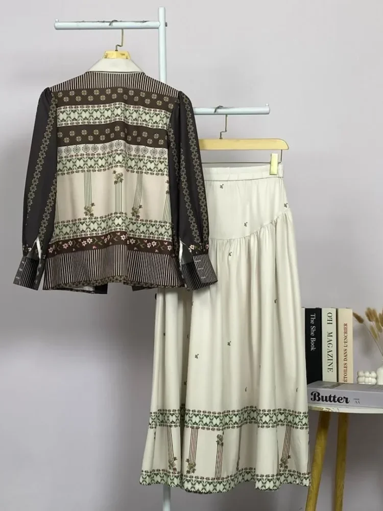 ASAYA Setelan wanita 2in1 blouse lengan panjang motif print kombinasi bunga + rok panjang highwaist elegan model kekinian