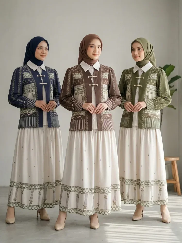 ASAYA Setelan wanita 2in1 blouse lengan panjang motif print kombinasi bunga + rok panjang highwaist elegan model kekinian