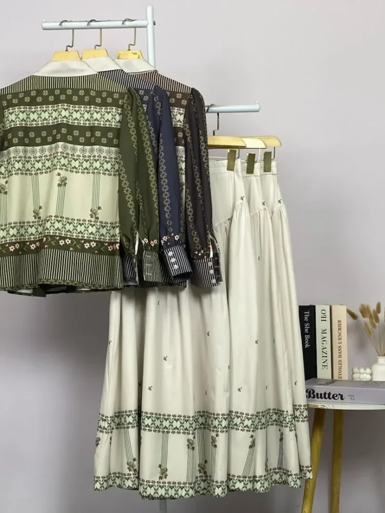 ASAYA Setelan wanita 2in1 blouse lengan panjang motif print kombinasi bunga + rok panjang highwaist elegan model kekinian