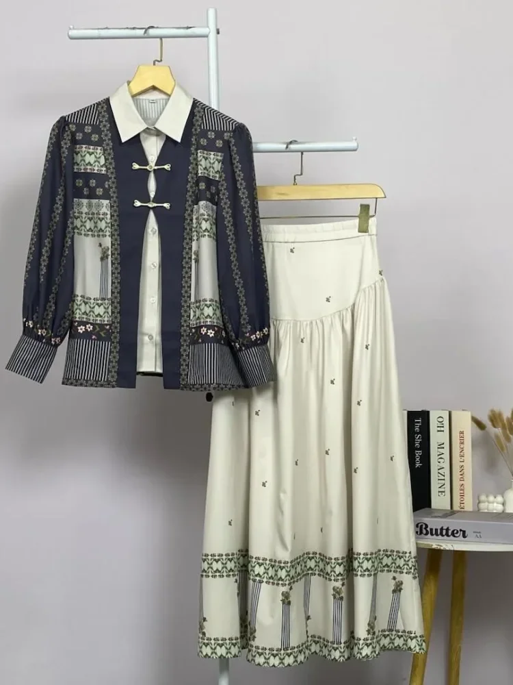 ASAYA Setelan wanita 2in1 blouse lengan panjang motif print kombinasi bunga + rok panjang highwaist elegan model kekinian