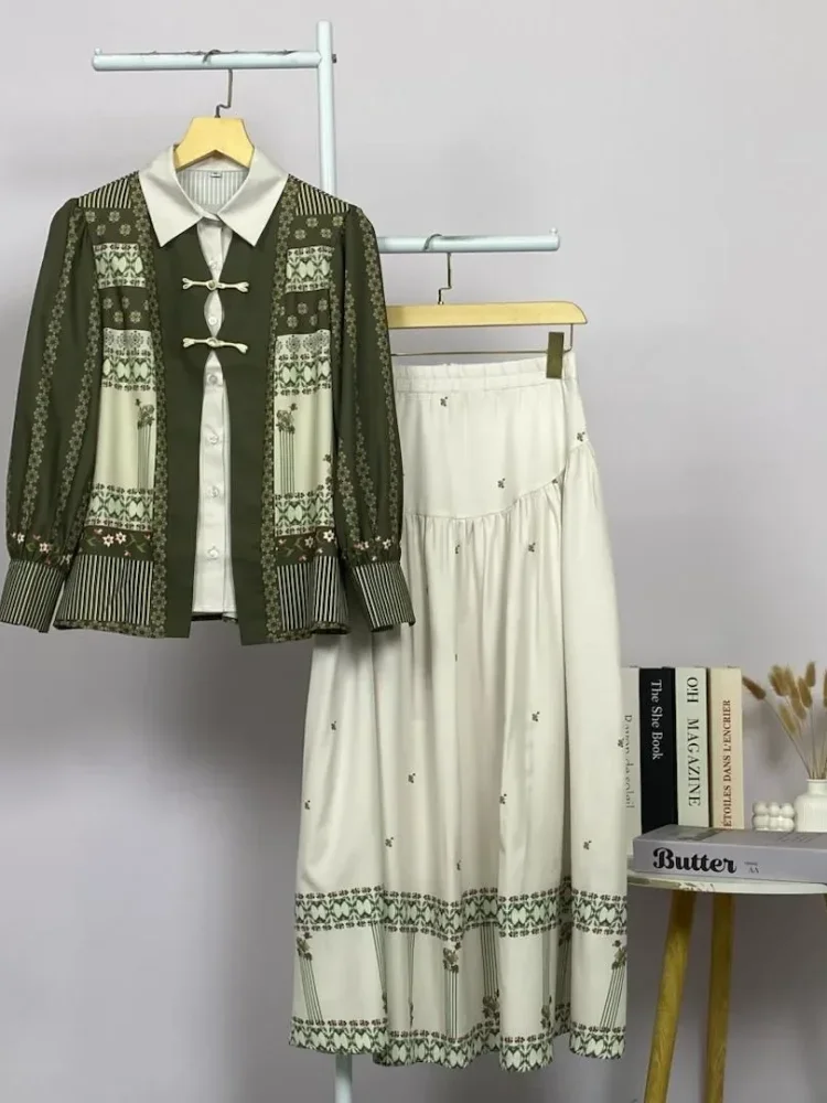ASAYA Setelan wanita 2in1 blouse lengan panjang motif print kombinasi bunga + rok panjang highwaist elegan model kekinian