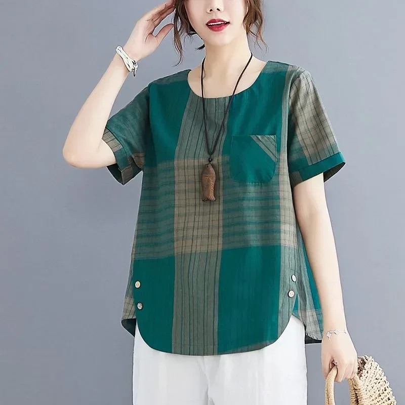 ASAYA Atasan model lengan pendek untuk wanita motif garis garis