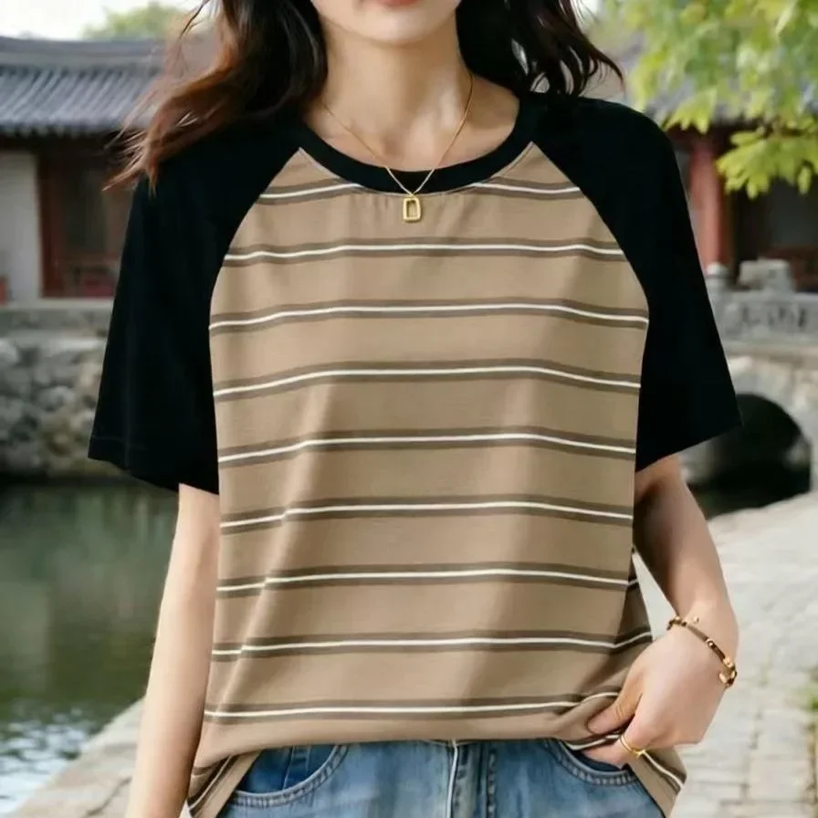 ASAYA Atasan model lengan pendek untuk wanita motif garis garis