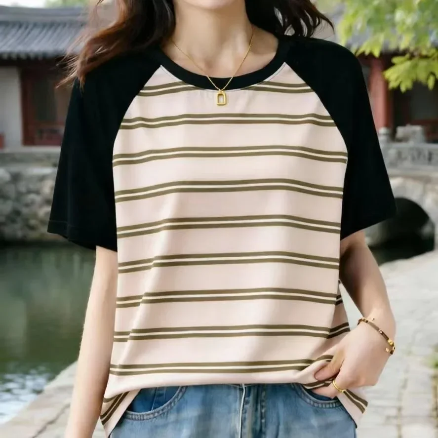 ASAYA Atasan model lengan pendek untuk wanita motif garis garis