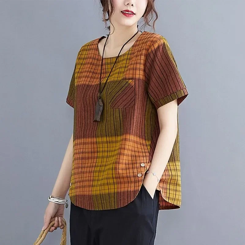 ASAYA Atasan model lengan pendek untuk wanita motif garis garis