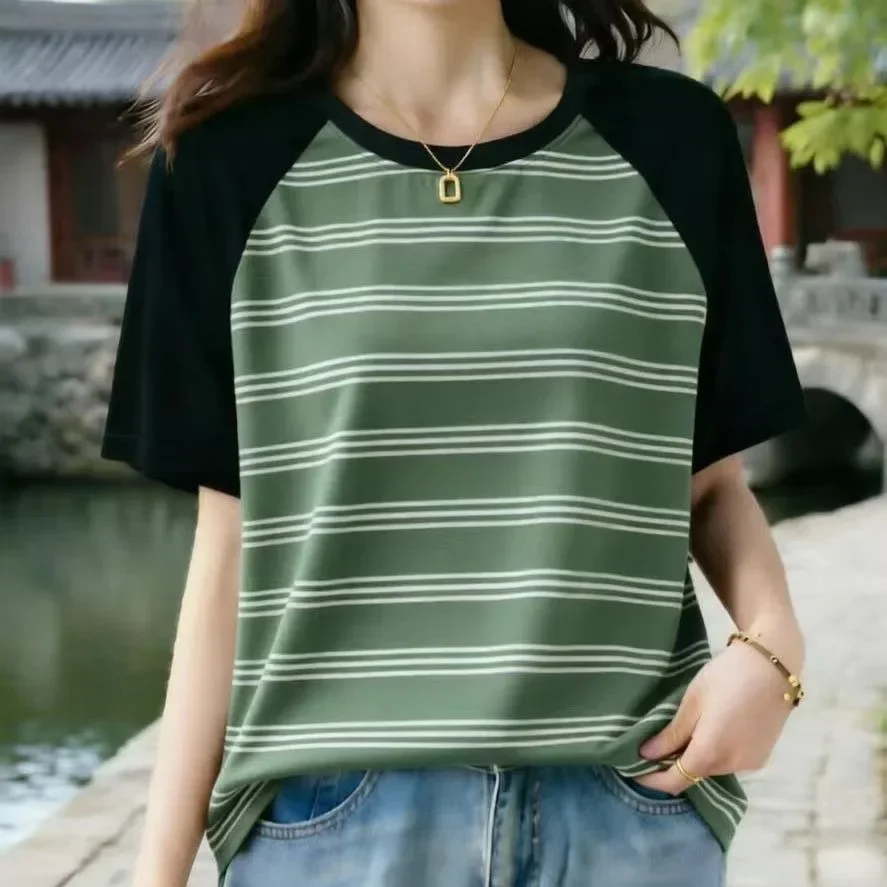 ASAYA Atasan model lengan pendek untuk wanita motif garis garis