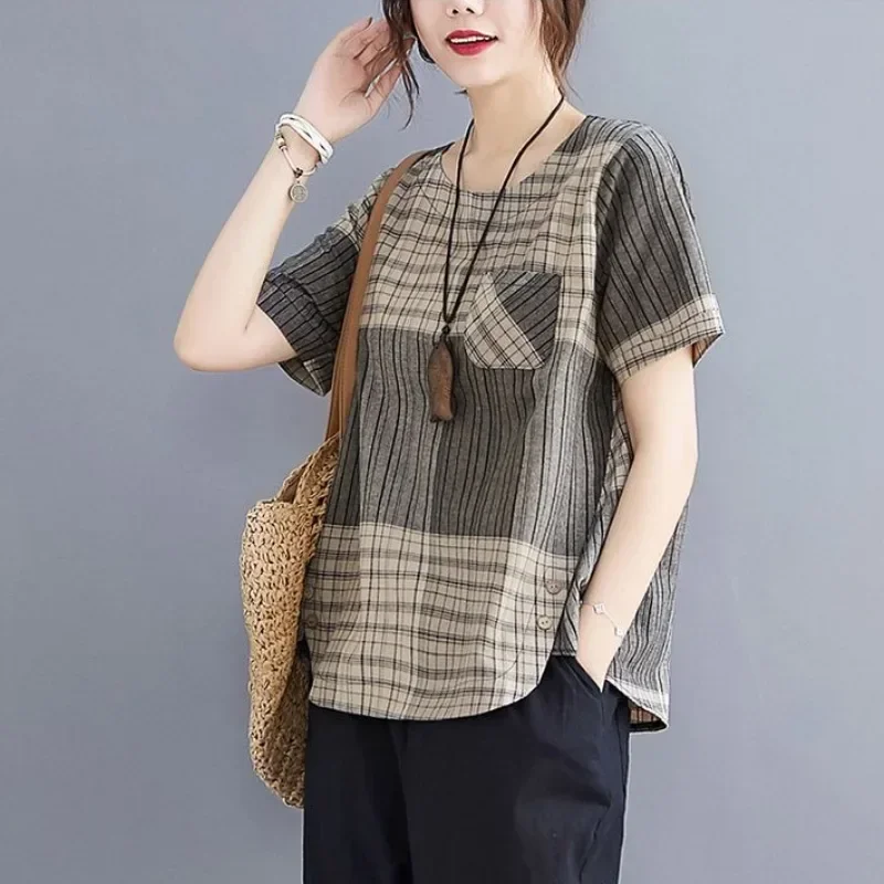 ASAYA Atasan model lengan pendek untuk wanita motif garis garis