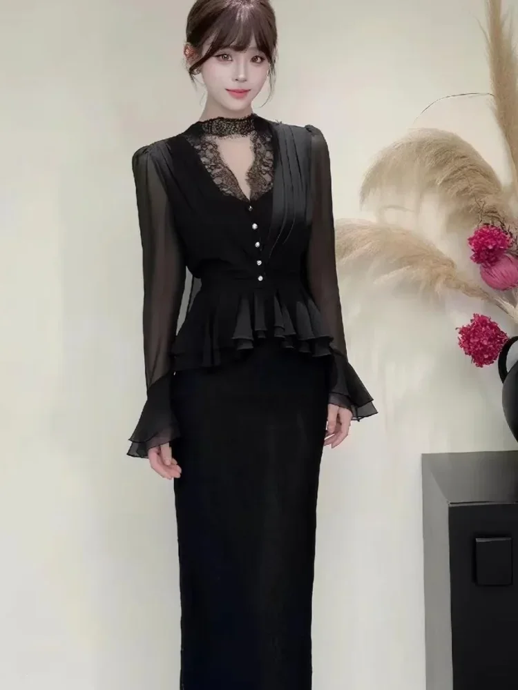 CHICMORE Atasan kerah leher v-neck lengan panjang gaya kasual wanita