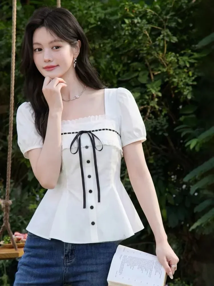 CHICMORE Blouse dengan kerah persegi dan lengan puff pendek wanita feminime