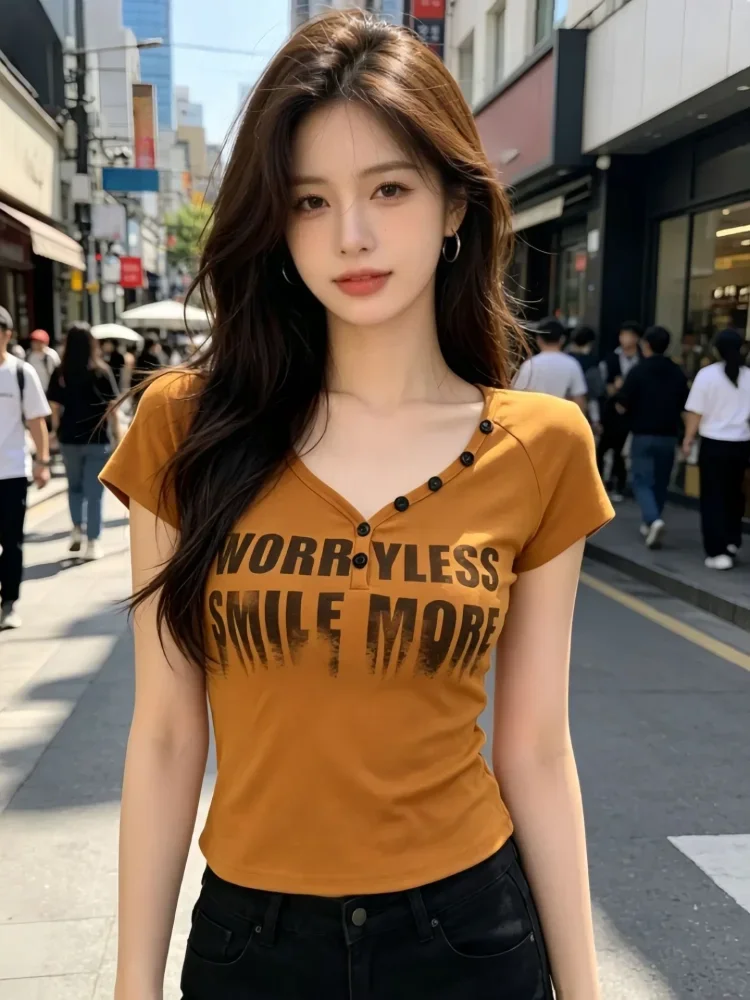 ASAYA Atasan kaos wanita lengan pendek model slim fit terbaru gaya korea