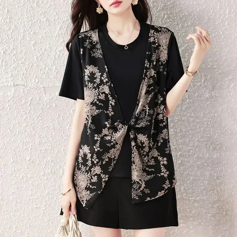 ASAYA Atasan model lengan pendek untuk wanita motif garis garis
