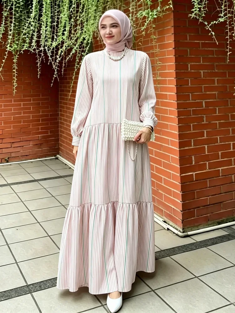ASAYA Gaun panjang longgar kasual tipis bermotif dengan desain mode elegan