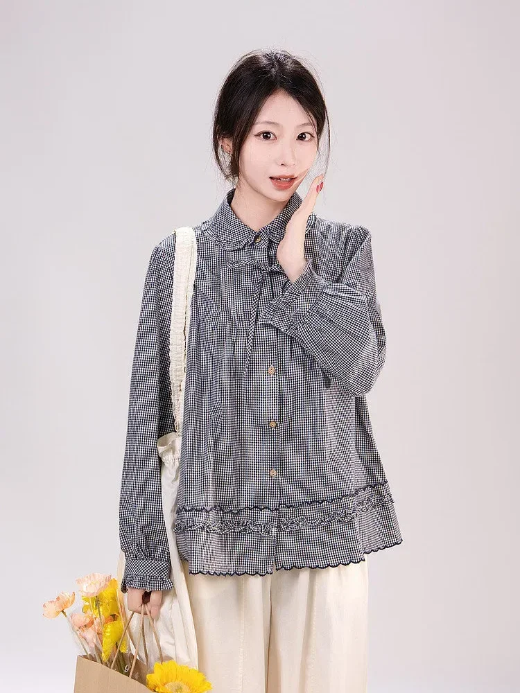 CHICMORE Kemeja wanita lengan panjang desain longar motif kotak-kotak