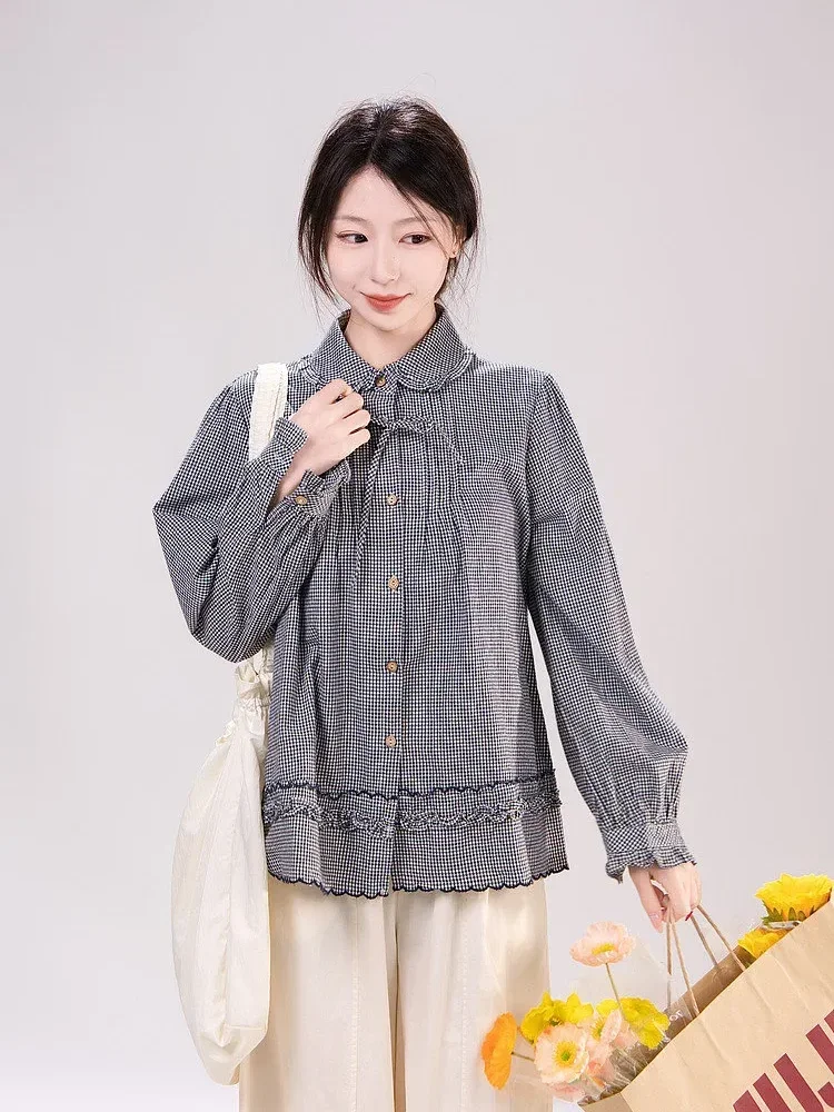 CHICMORE Kemeja wanita lengan panjang desain longar motif kotak-kotak