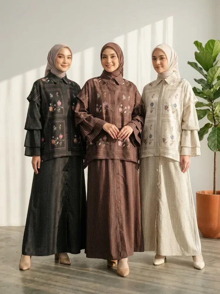 ASAYA Set 2in1 atasan print motif bunga kotak + celana panjang kulot casual sehari-hari