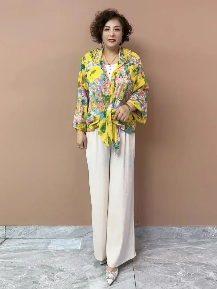 ASAYA Kemeja lengan panjang motif cetak bunga gaya retro