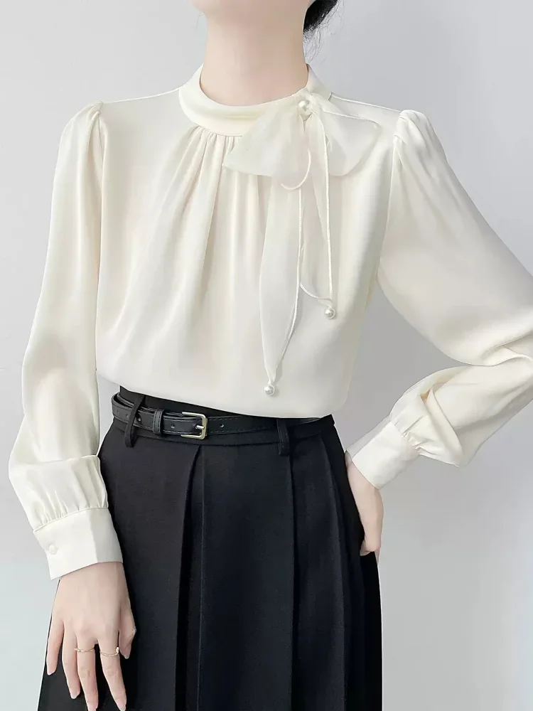 FADFAD Atasan kemeja lengan panjang warna kontras dengan gaya elegan untuk wanita