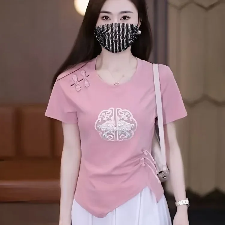 FADFAD Atasan kaos bergaya mandarin mode baru untuk wanita