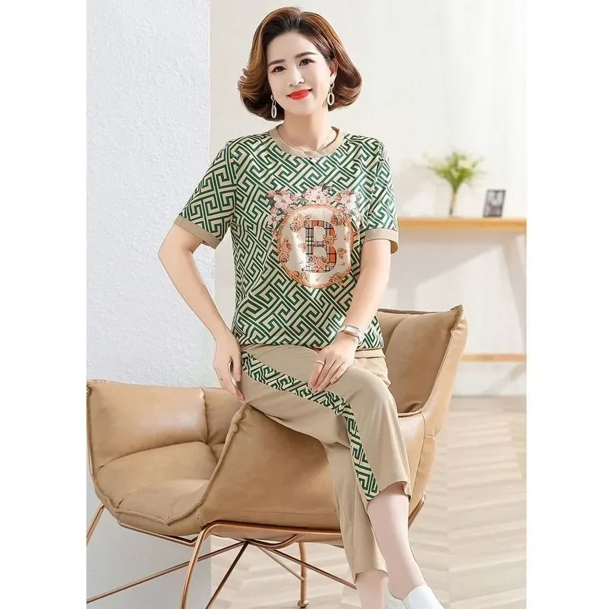 FADFAD Setelan wanita kasual dengan kaos lengan pendek bermotif + celana panjang