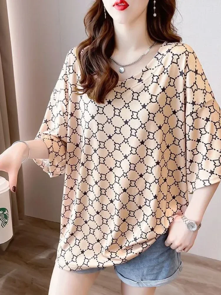 ASAYA Atasan kaos kerah bulat lengan pendek dan bermotif unik