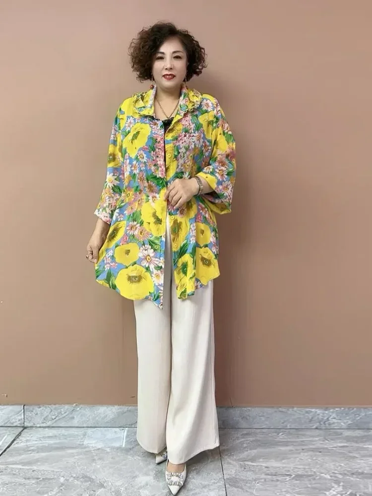ASAYA Kemeja lengan panjang motif cetak bunga gaya retro
