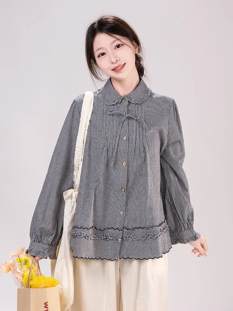 CHICMORE Kemeja wanita lengan panjang desain longar motif kotak-kotak
