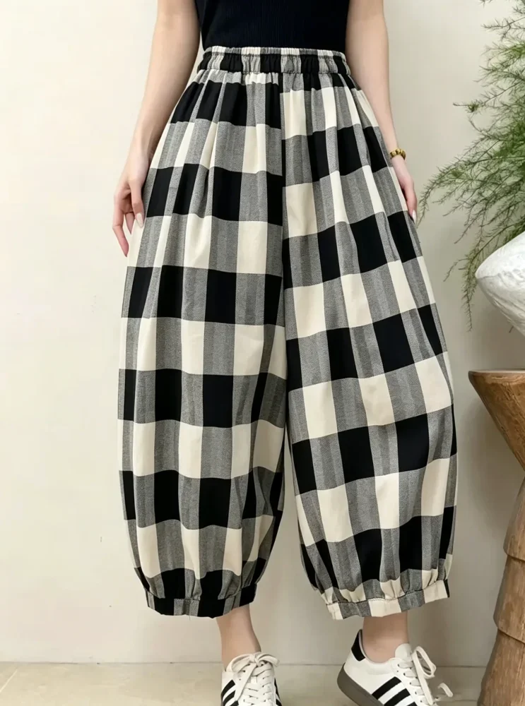 [READY STOCK]ASAYA Celana wanita kotak-kotak gaya kasual crop pants