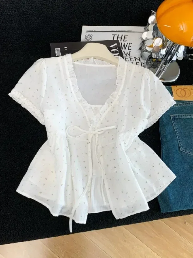 [READY STOCK]CHICMORE Atasan kerah v neck lengan pendek motif cetak gaya kasual wanita