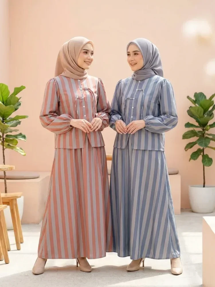 ASAYA Setelan wanita bergaya retro, atasan lengan panjang dengan kancing buatan tangan dipadukan dengan rok model a-line yang stylish