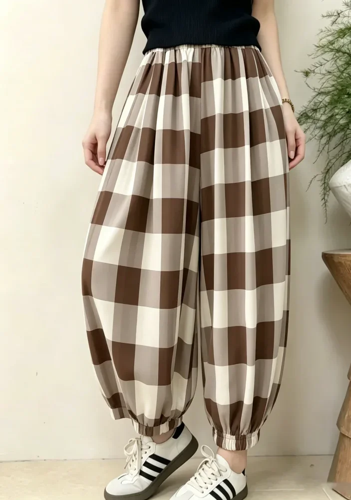 [READY STOCK]ASAYA Celana wanita kotak-kotak gaya kasual crop pants
