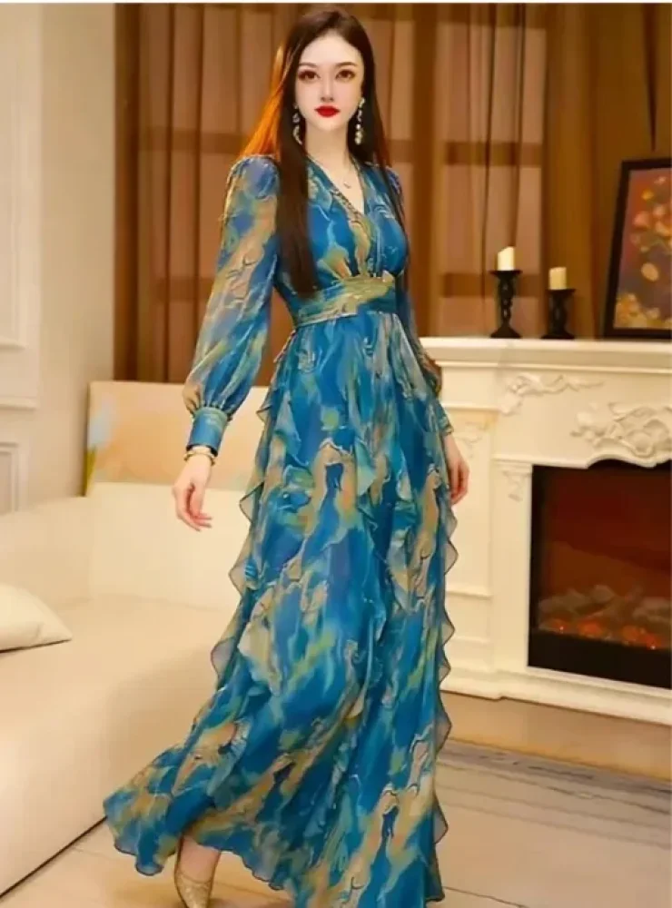 FADFAD Gaun dengan lengan panjang bermotif cetak gaya elegan baru untuk wanita