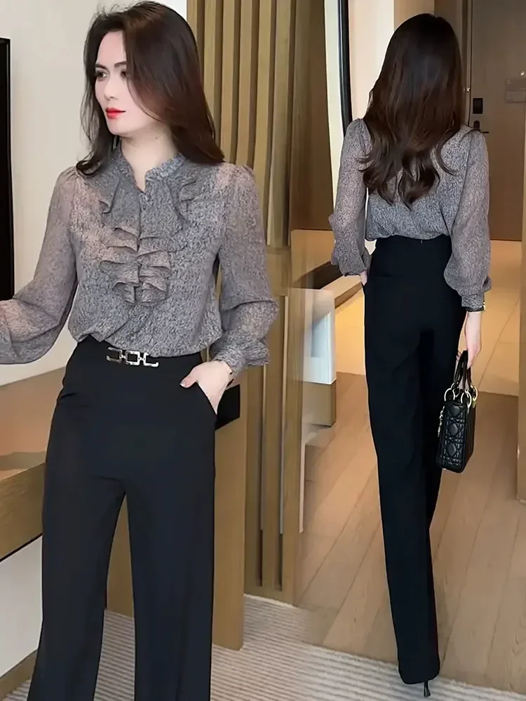 FADFAD Atasan kemeja bagian depan ruffle cantik untuk wanita