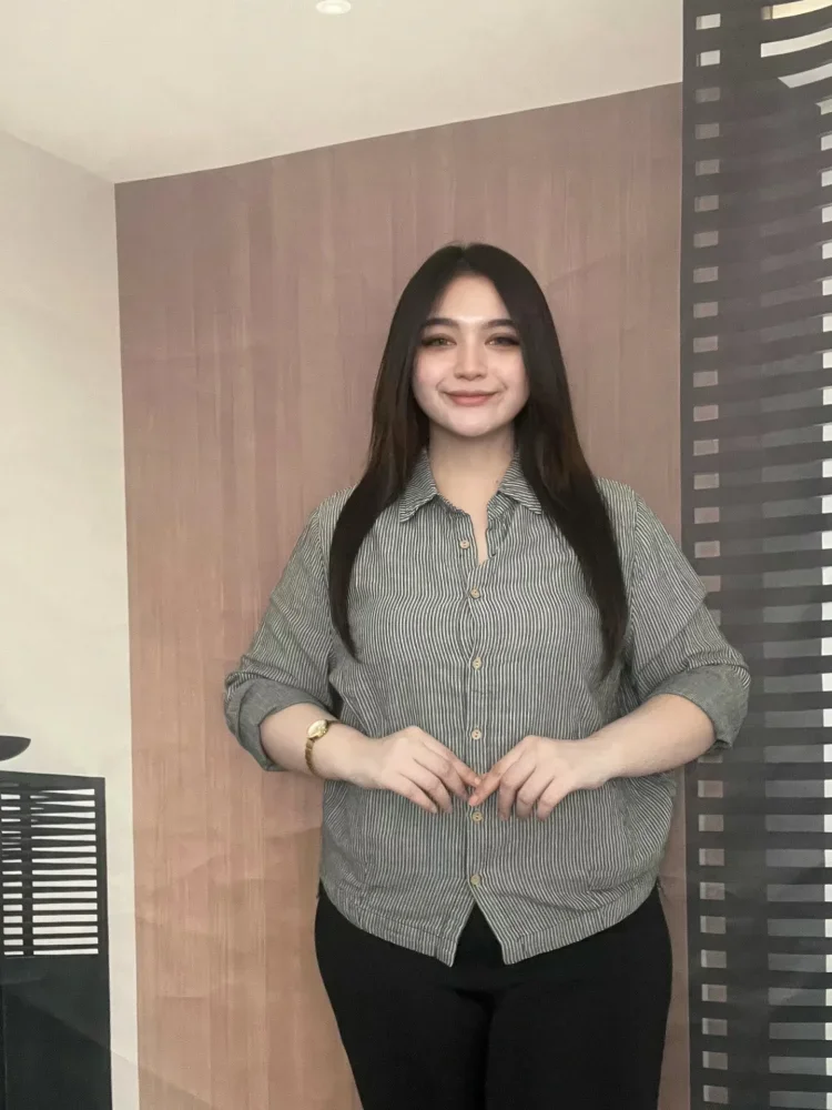 FADFAD Kemeja wanita lengan panjang model longgar motif bergaris kasual