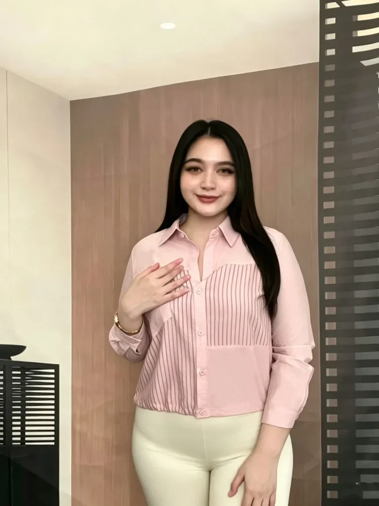 FADFAD Kemeja motif bergaris dengan kancing aktif berlengan panjang gaya trendi