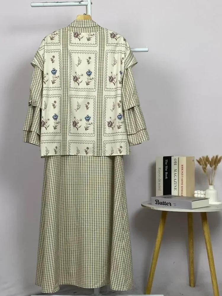 ASAYA Set 2in1 atasan print motif bunga kotak + celana panjang kulot casual sehari-hari
