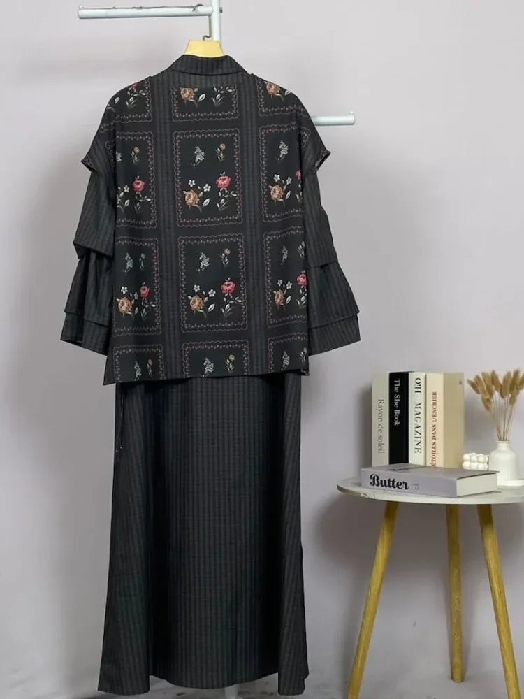 ASAYA Set 2in1 atasan print motif bunga kotak + celana panjang kulot casual sehari-hari