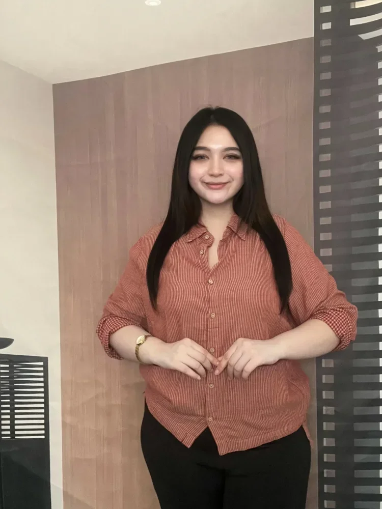 FADFAD Kemeja wanita lengan panjang model longgar motif bergaris kasual
