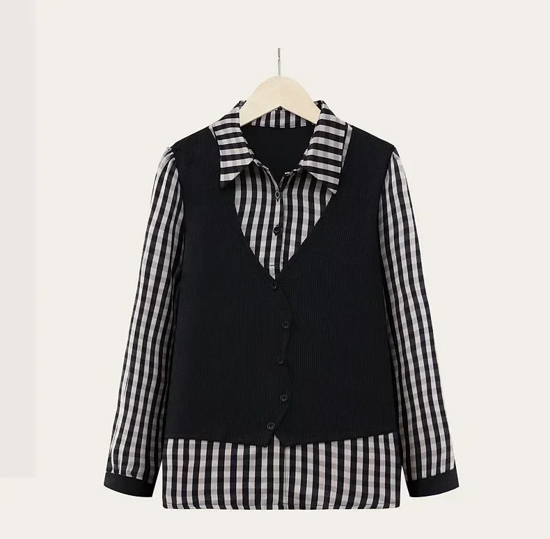 FADFAD Atasan kemeja dua potong palsu pakaian motif cetak gaya retro baru