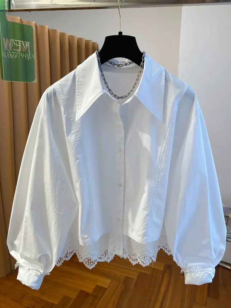 CHICMORE Kemeja putih longgar natural lengan panjang motif polos