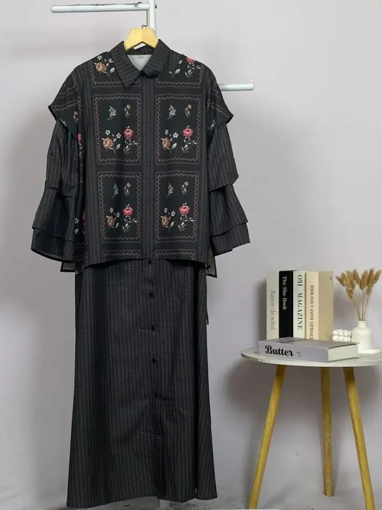 ASAYA Set 2in1 atasan print motif bunga kotak + celana panjang kulot casual sehari-hari