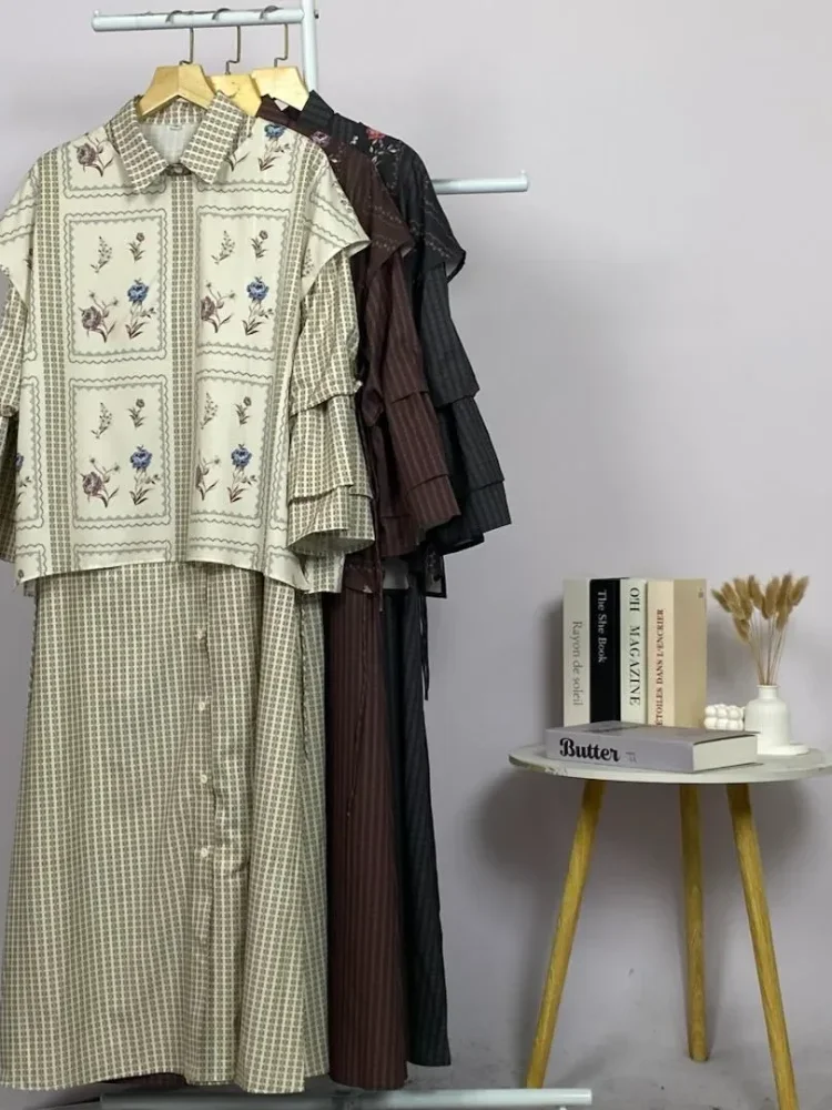 ASAYA Set 2in1 atasan print motif bunga kotak + celana panjang kulot casual sehari-hari